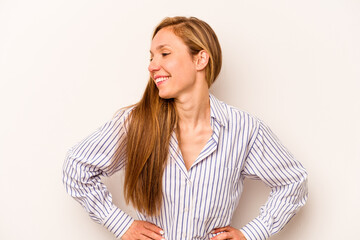 Young caucasian woman isolated on white background confident keeping hands on hips.