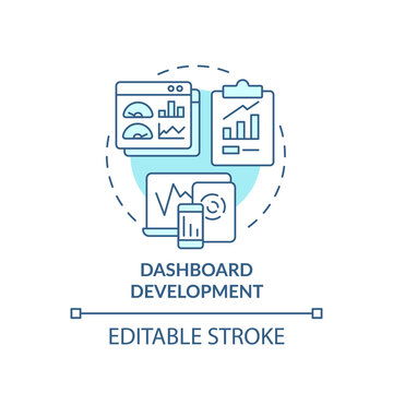 Dashboard Development Turquoise Concept Icon. Business Intelligence Example Abstract Idea Thin Line Illustration. Isolated Outline Drawing. Editable Stroke. Arial, Myriad Pro-Bold Fonts Used