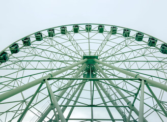 Fototapeta premium City park with a view of the Ferris Wheel attraction on a spring day, close-up.