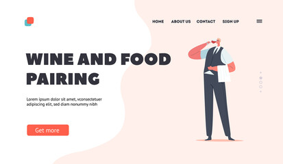 Wine and Food Pairing Landing Page Template. Sommelier Tasting Wine, Specialist Male Character Drink Beverage