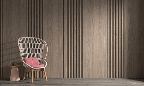 Home interior, minimal living room interior, empty wooden wall mock up, 3d render