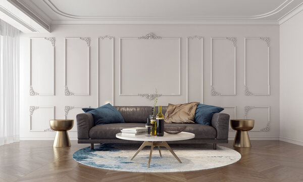 Home interior, luxury modern living room interior, empty empty wall mock up, 3d render 