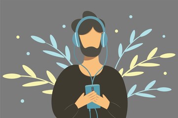 A young man is a flat character, a hipster in headphones listens to his favorite music. A music lover listens to a musical composition on a mobile phone. Vector isolated design on gray background.
