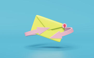 3d yellow envelope, letter with notification message isolated on blue background. minimal notify newsletter, online incoming email,  email circular concept, 3d render illustration