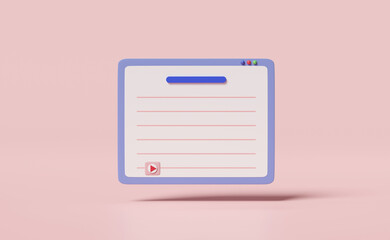 3d social media with tablet computer, play bar icons isolated on pink background. online social, communication applications, notification new message concept,  3d render illustration