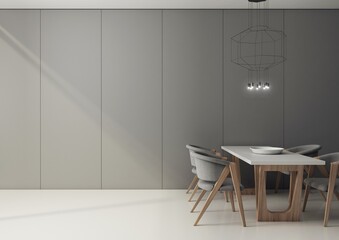 Wnętrze nowoczesnej, minimalistycznej jadalni z szarymi panelami na ścianie i białą epoksydową posadzką.