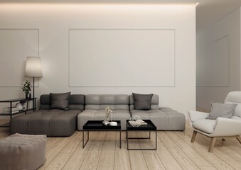 Wnętrze nowoczesnego, eleganckiego i minimalistycznego pokoju dziennego. Zaprojektowanego jako połączenie szarości, beżu i bieli oraz jasno drewnianej podłogi. - obrazy, fototapety, plakaty