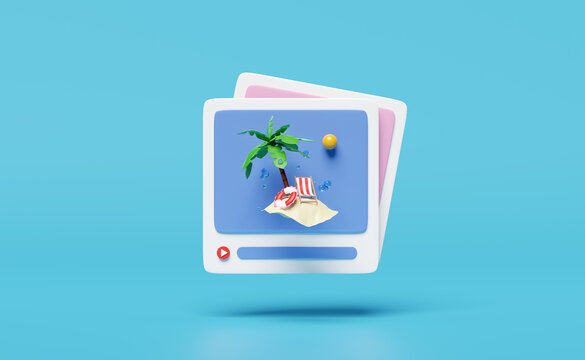 3D social media or communication online platform with lifebuoy, water splash, palm tree, play icons, photo frame isolated on blue background. summer travel concept, 3d render illustration