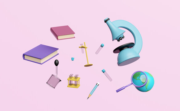 3d microscope, globe, paper plane, magnifying, beaker, test tube icon isolated on pink background. room online innovative education, e-learning concept, 3d render illustration