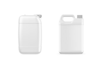 White plastic canister oil, cleanser, detergent, abstainer, liquid soap, milk, juice on white background isolated.Blank Plastic Canister Jerry can mockup isolated on white background. 3d rendering. - obrazy, fototapety, plakaty