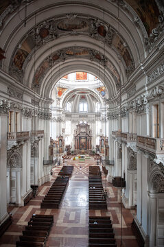 Interior wide angle view of Salzburg Cathedral. Landmark architecture building in Austria. 2022.