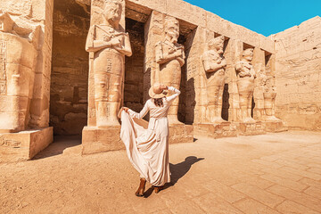 A happy tourist girl in a dress is interested in Egyptology and archaeology and gets a travel...