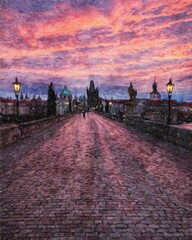 Obraz premium Prague Czechia drawing in oil city center vintage houses and architecture, Europe travel, wall art print for canvas or paper poster, tourism production design, real painting modern artistic artwork