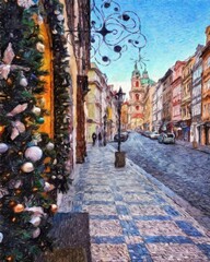 Fototapeta premium Prague Czechia drawing in oil city center vintage houses and architecture, Europe travel, wall art print for canvas or paper poster, tourism production design, real painting modern artistic artwork