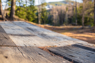 Wooden table with old boards in pine forest. Preparation for reception is written, place of rest. Picnic in nature. In blur trunks of trees located in taiga