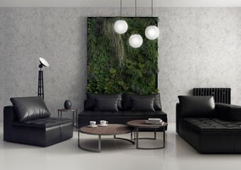 Nowoczesne i minimalistyczne wnętrze z wertykalnym ogrodem na betonowej ścianie i czarnymi meblami.