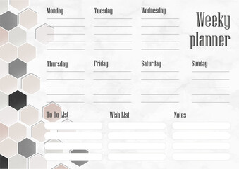 Weely planner with marble granite and polygons.Gray, rose and white colors. Abstract texture.  Vector illustration.