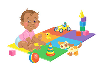 Cute African American baby sits on a colorful play mat surrounded by toys. In cartoon style. Isolated on white background. Vector illustration