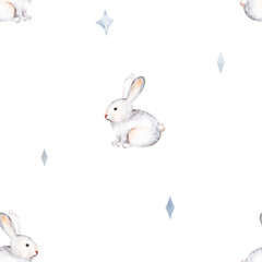 Cute baby rabbit animal seamless pattern, forest illustration for children clothing. Woodland watercolor Hand drawn boho image for cases design, nursery poster