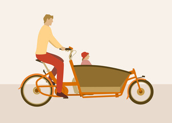 Colorful vector illustration of a man on a red freight bicycle with his child in front