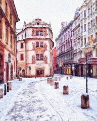 Prague Czechia drawing in oil city center vintage houses and architecture, Europe travel, wall art print for canvas or paper poster, tourism production design, real painting modern artistic artwork