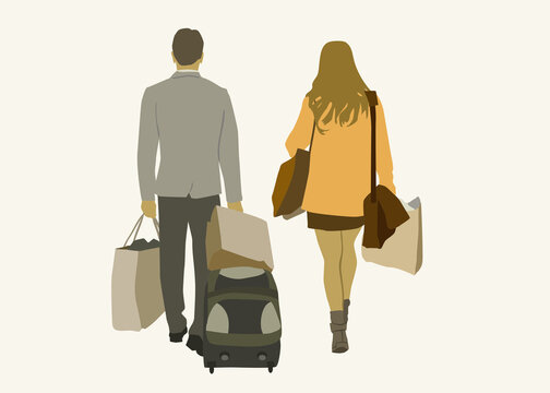 Vector illustration of a young couple carrying lots of luggage