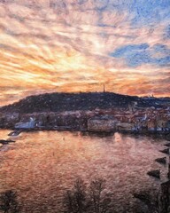 Prague Czechia drawing in oil city center vintage houses and architecture, Europe travel, wall art print for canvas or paper poster, tourism production design, real painting modern artistic artwork