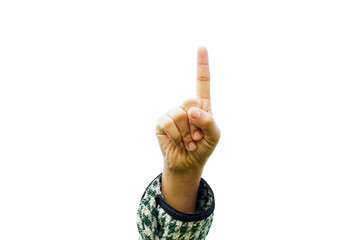 human hand pointing up on a white background