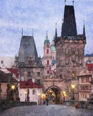 Prague Czechia drawing in oil city center vintage houses and architecture, Europe travel, wall art print for canvas or paper poster, tourism production design, real painting modern artistic artwork