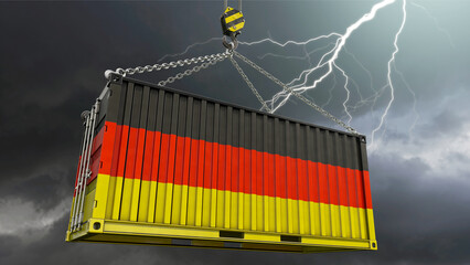 Deutsche Exportwirtschaft - Container in Schwarz Rot Gold und Gewitter im Hintergrund