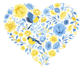 Heart of yellow-blue flowers. Ukrainian folk ornament