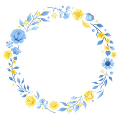 Wreath of yellow-blue flowers. Ukrainian folk ornament