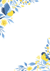 Card with yellow and blue folk flowers and birds