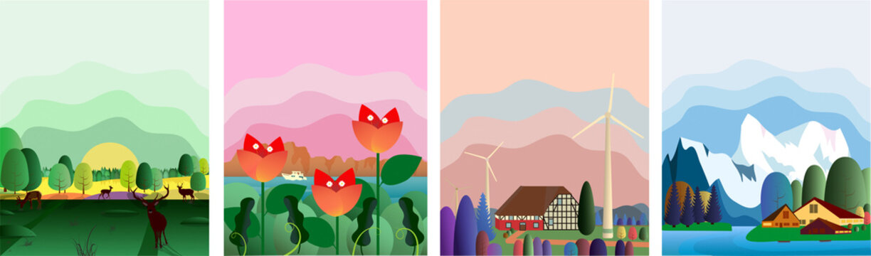 Nature and landscape. Vector illustration of trees, forest, mountains, flowers, plants, houses, fields, farms and villages. Picture for background, postcard or cover