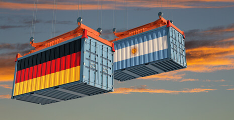 Cargo containers with Argentina and German national flags. 3D Rendering