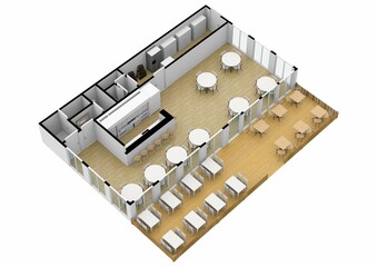 Cafe interior with coffee machines, tables, seats, counter, cash register and blackboard menu. Floorplan Cafe bar restaurant floor plan top view.