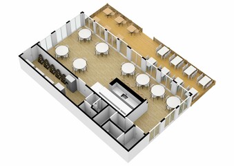 Cafe interior with coffee machines, tables, seats, counter, cash register and blackboard menu. Floorplan Cafe bar restaurant floor plan top view.