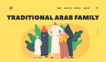 Traditional Arab Family Landing Page Template. Parents and Children Characters. Saudi People Wear National Clothes