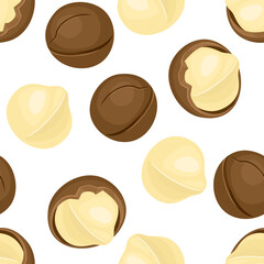 Macadamia nuts background. Healthy food Vector seamless pattern. Cartoon flat illustration.