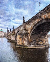 Prague Czechia drawing in oil city center vintage houses and architecture, Europe travel, wall art print for canvas or paper poster, tourism production design, real painting modern artistic artwork