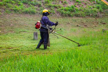 Female working wear protective clothing mows the lawn grass