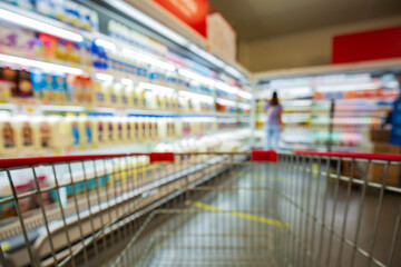 Defocused blur of supermarket shelves with dairy products