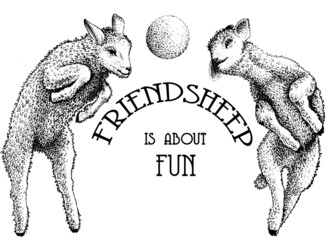 Hand drawn couple of sheep (fun) with a witty slogan on white background. Sheep illustration made with fineliners. © Alina