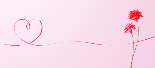 ピンクの背景に置かれたハート型のリボンとカーネーション / コピースペースのある「母の日ギフト」のイメージ / 3Dレンダリング