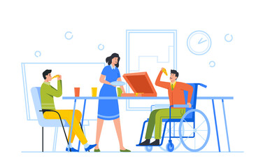 Handicapped Person Integration in Collective. Business Team Eating Pizza in Office Together with Disabled Colleague