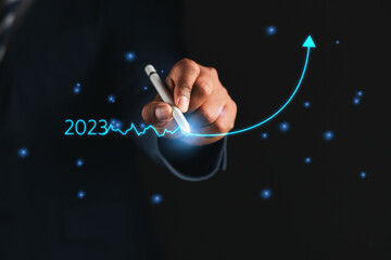 Business people show future growth 2023 to overcome obstacles achieve the goal leading to...