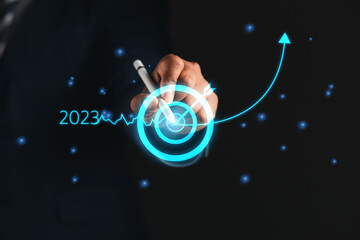 Business people show future growth 2023 to overcome obstacles achieve the goal leading to...