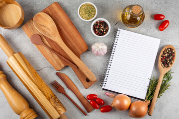 Cookbook with ingredients on the table.Recipe book.