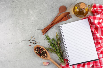 Cookbook with ingredients on the table.Recipe book.