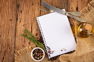 Cookbook with ingredients on the table.Recipe book.